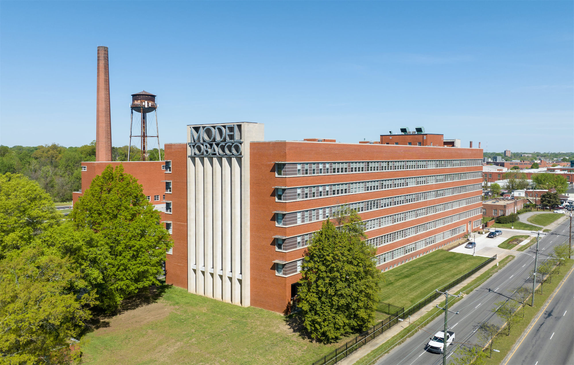 Drone photo of the front of Model Tobacco